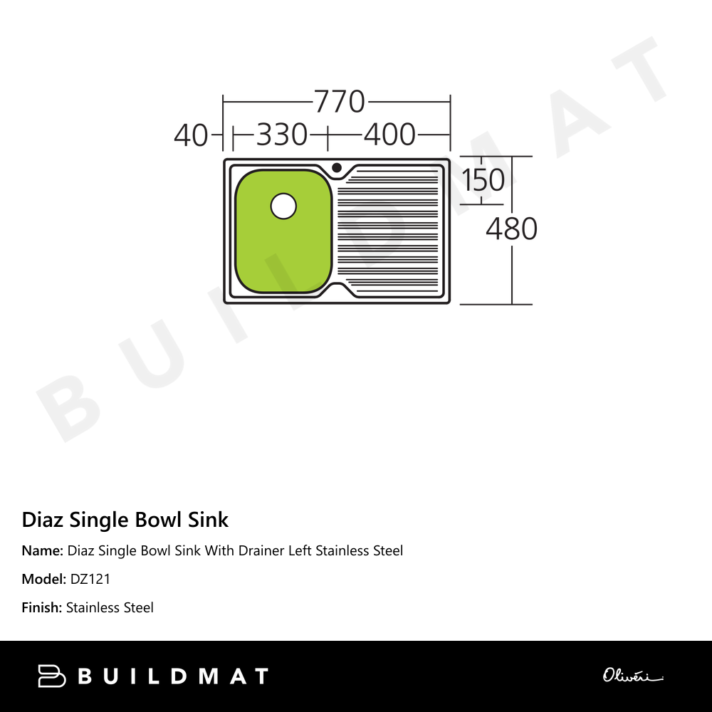 Diaz Single Bowl Sink With Drainer Left Stainless Steel