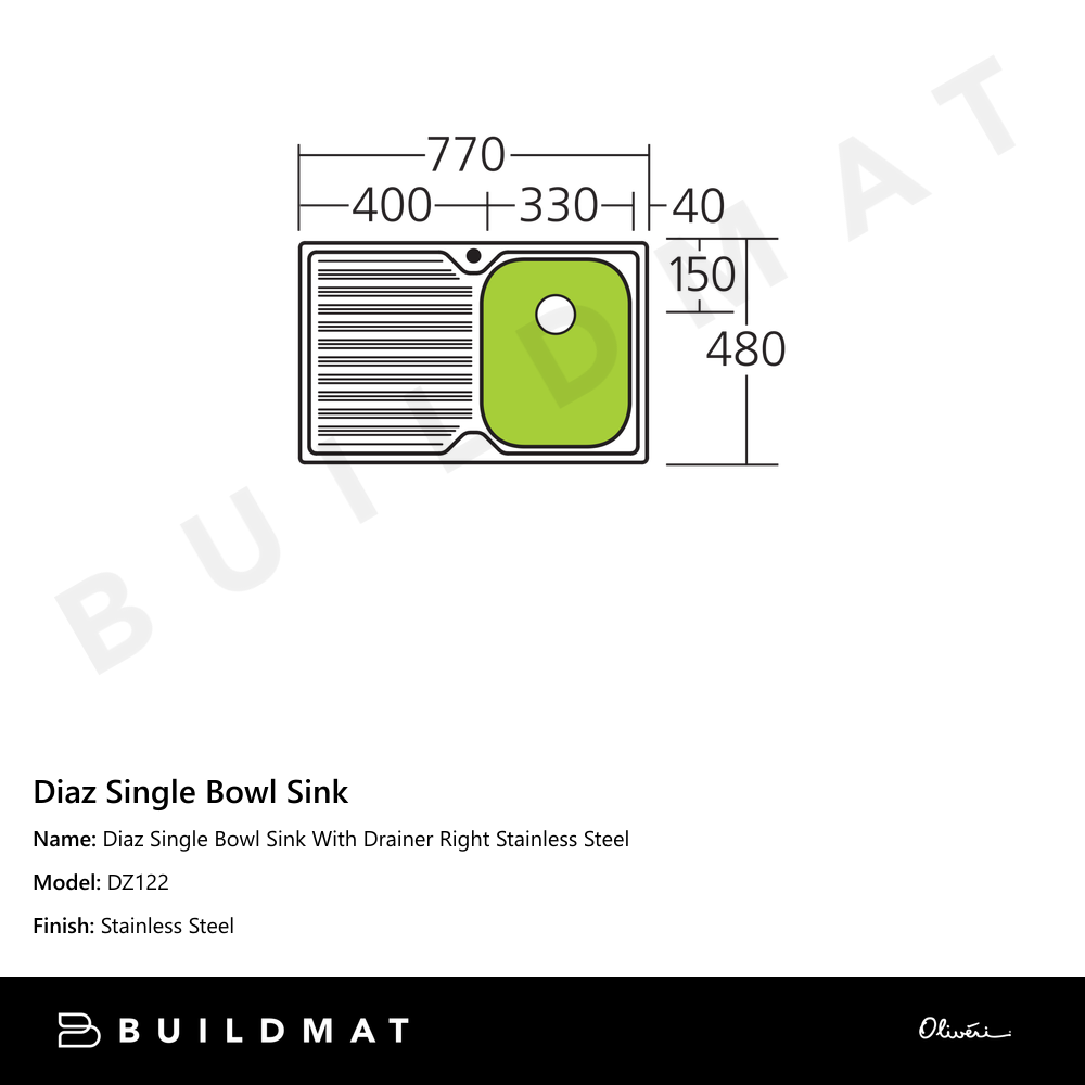 Diaz Single Bowl Sink With Drainer Right Stainless Steel