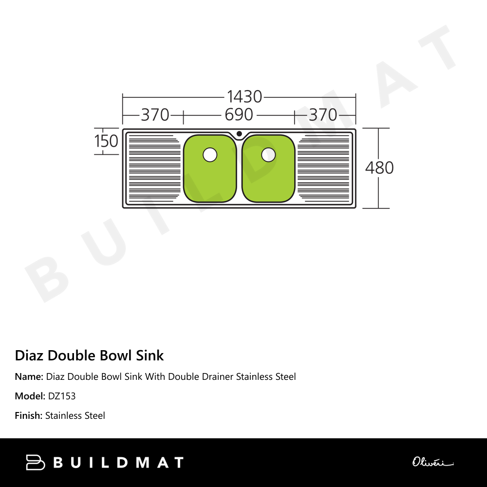 Diaz Double Bowl Sink With Double Drainer Stainless Steel