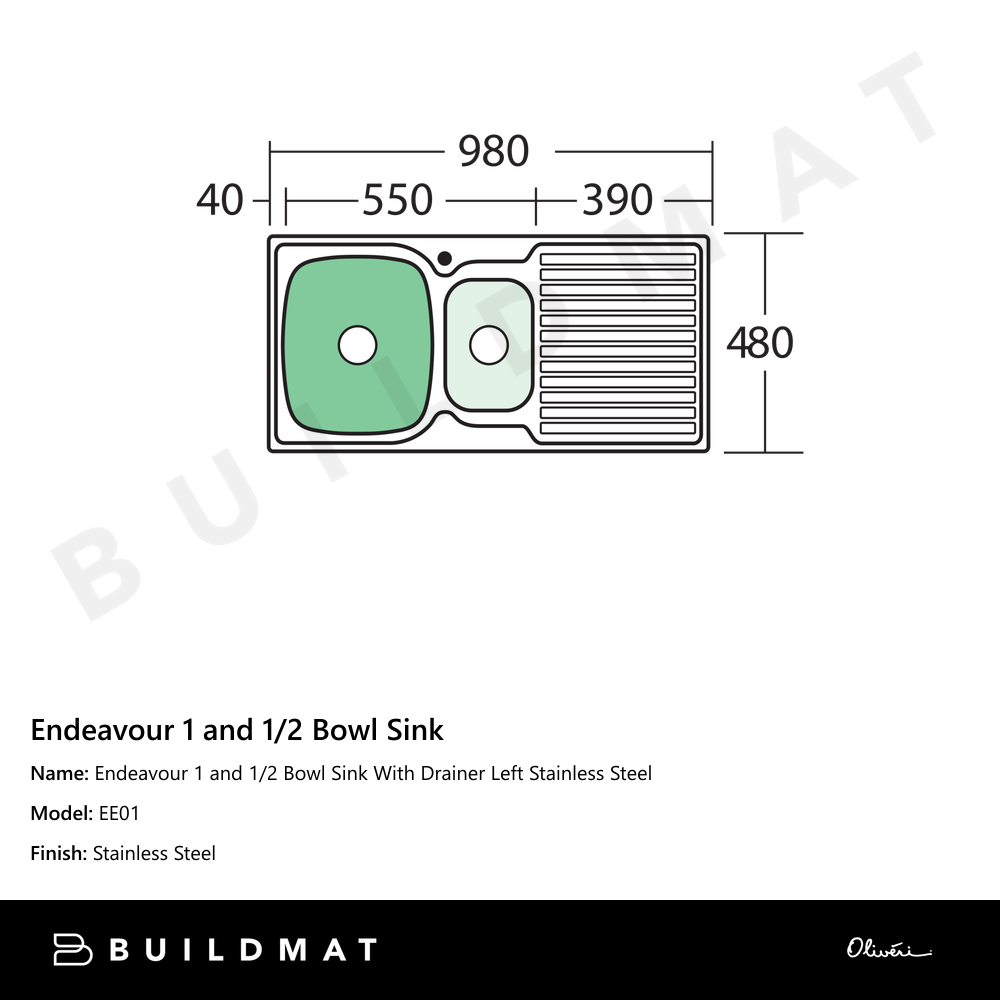 Endeavour 1 And 1/2 Bowl Sink With Drainer Left Stainless Steel