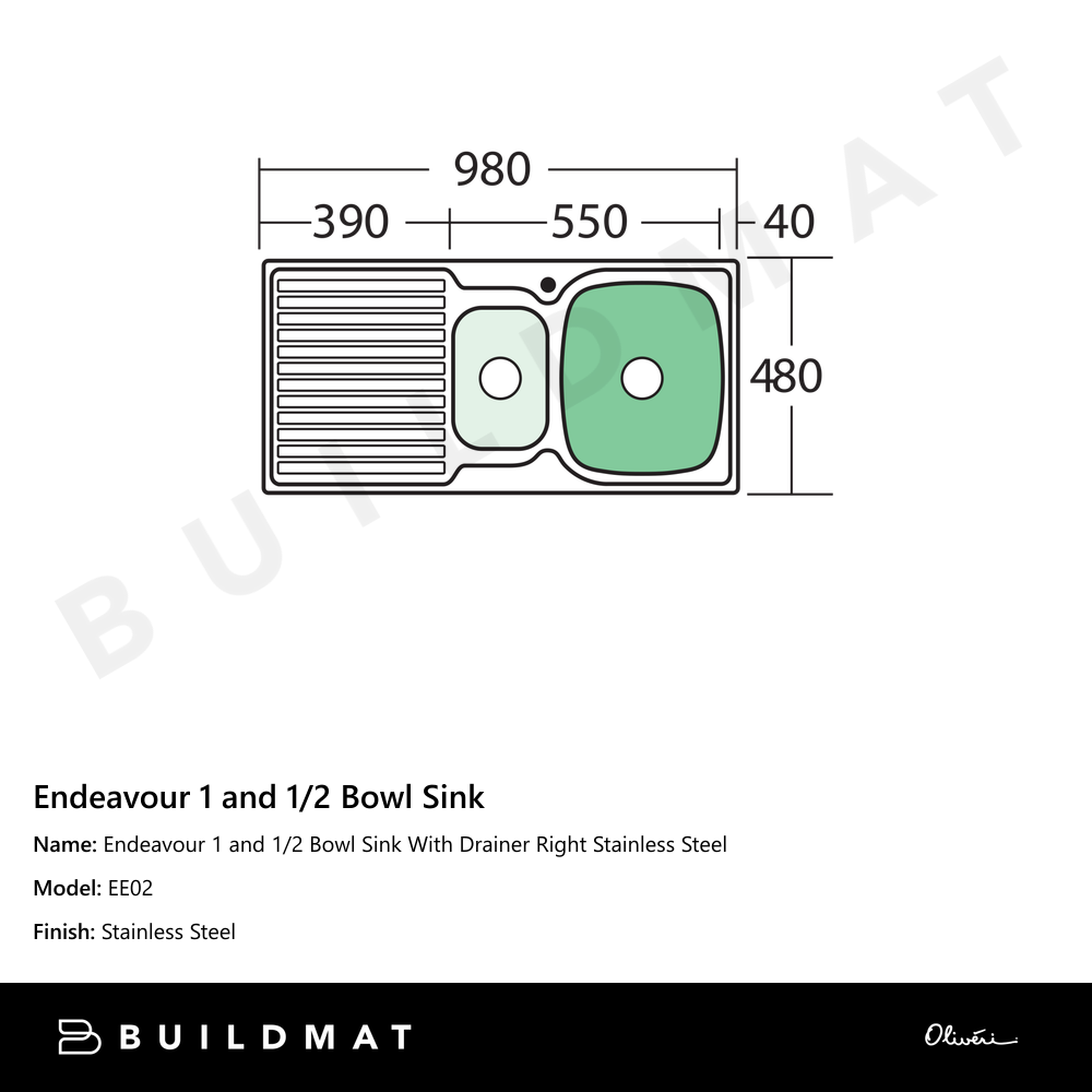 Endeavour 1 And 1/2 Bowl Sink With Drainer Right Stainless Steel