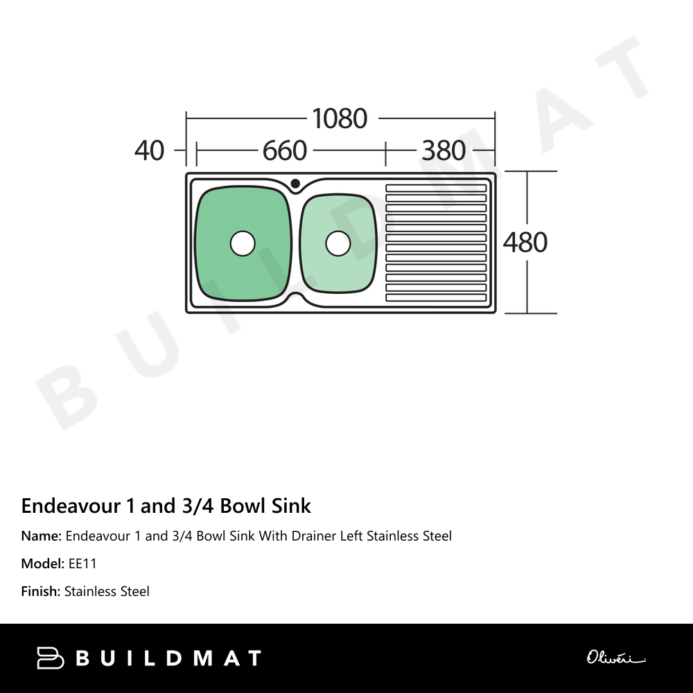 Endeavour 1 And 3/4 Bowl Sink With Drainer Left Stainless Steel