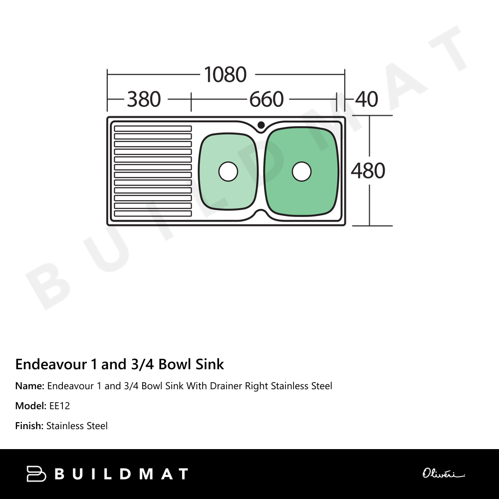 Endeavour 1 And 3/4 Bowl Sink With Drainer Right Stainless Steel