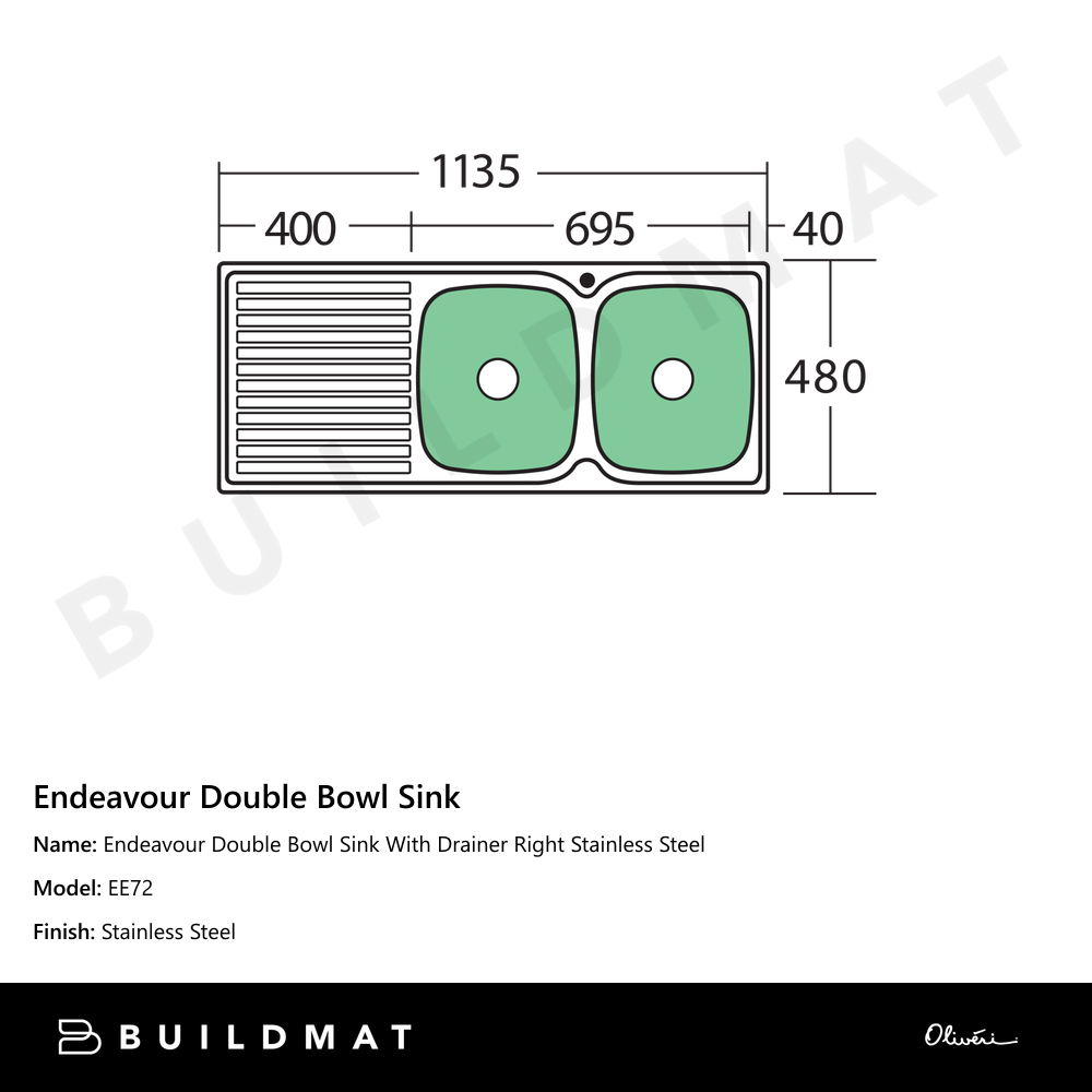 Endeavour Double Bowl Sink With Drainer Right Stainless Steel