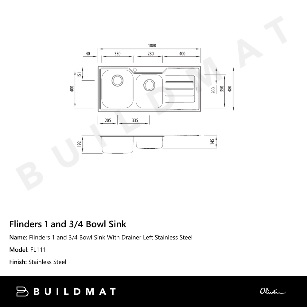 Flinders 1 And 3/4 Bowl Sink With Drainer Left Stainless Steel