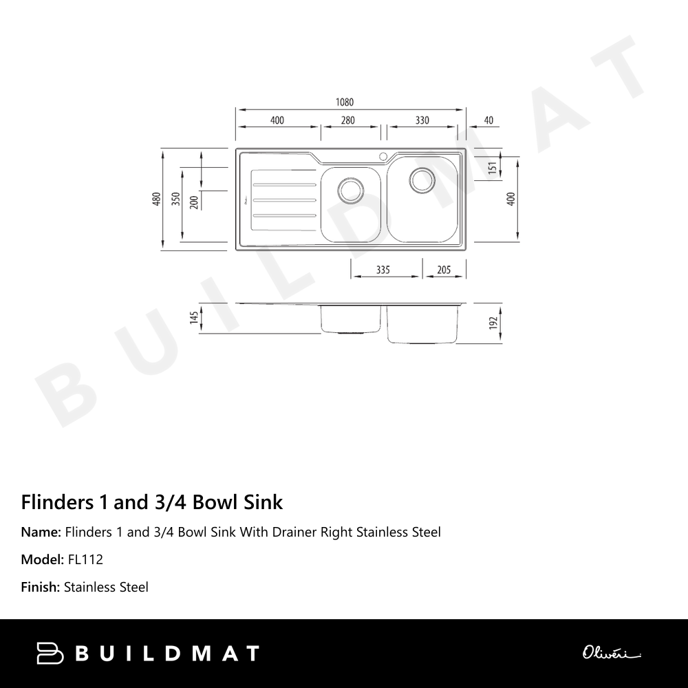 Flinders 1 And 3/4 Bowl Sink With Drainer Right Stainless Steel