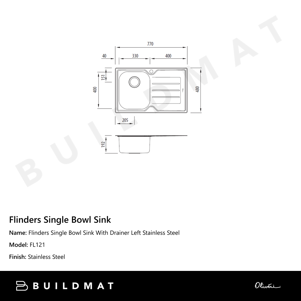 Flinders Single Bowl Sink With Drainer Left Stainless Steel