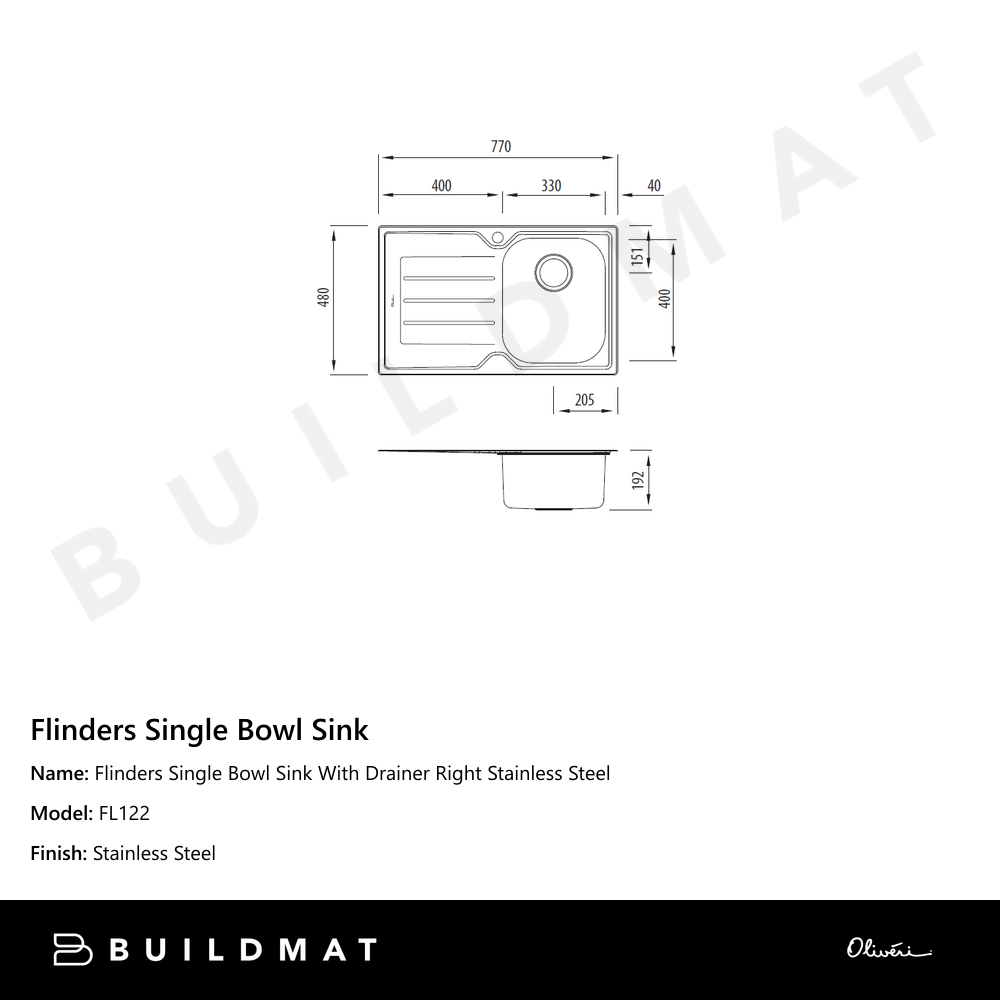 Flinders Single Bowl Sink With Drainer Right Stainless Steel