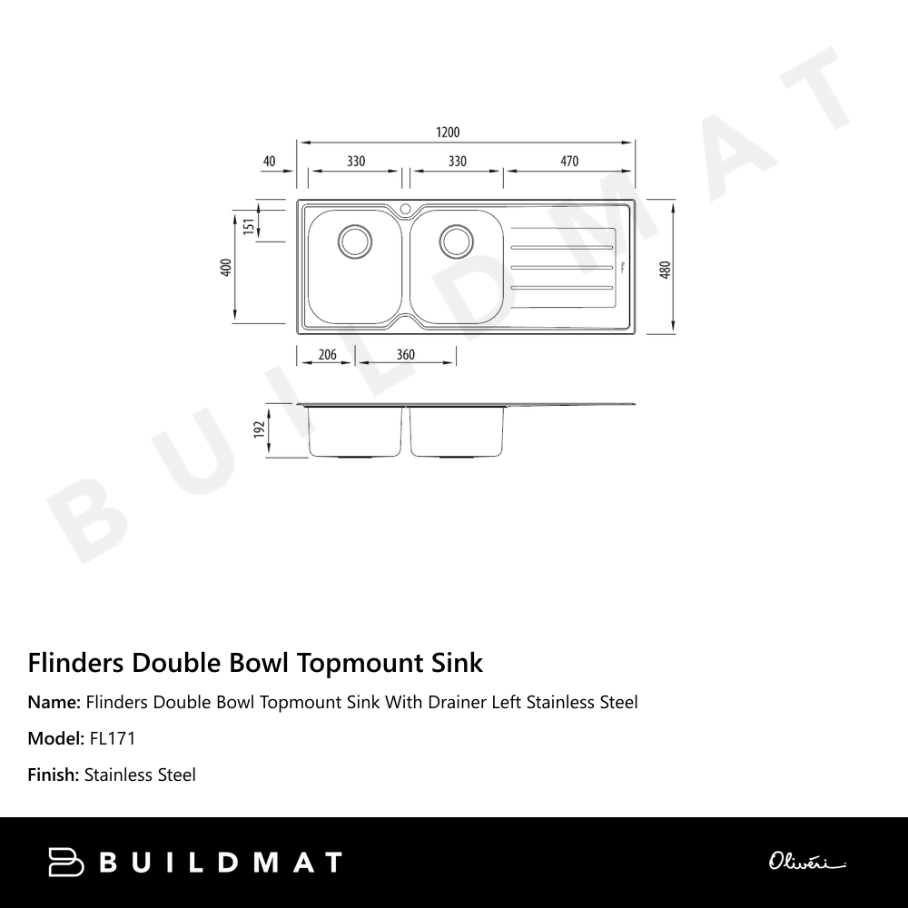 Flinders Double Bowl Topmount Sink With Drainer Left Stainless Steel