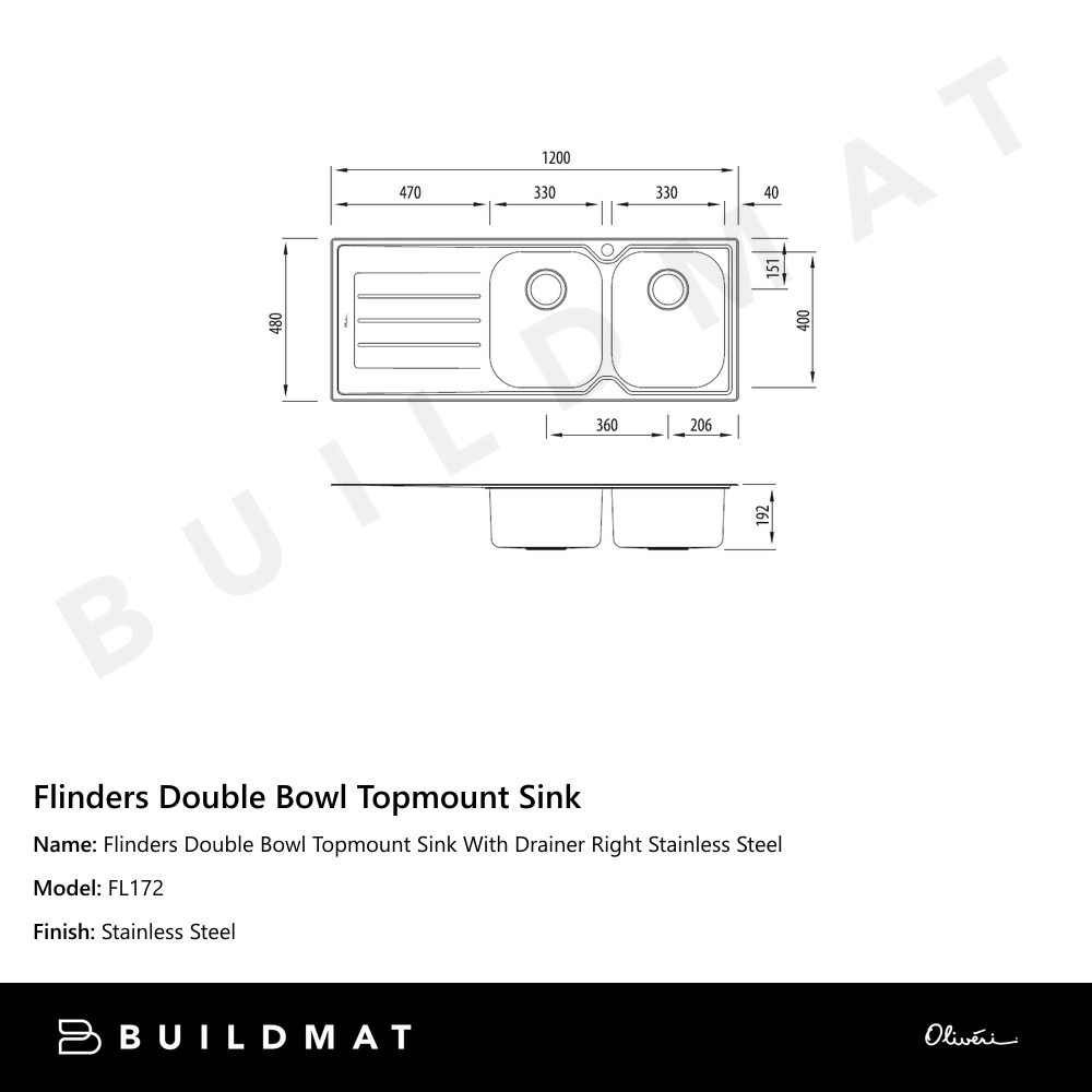 Flinders Double Bowl Topmount Sink With Drainer Right Stainless Steel