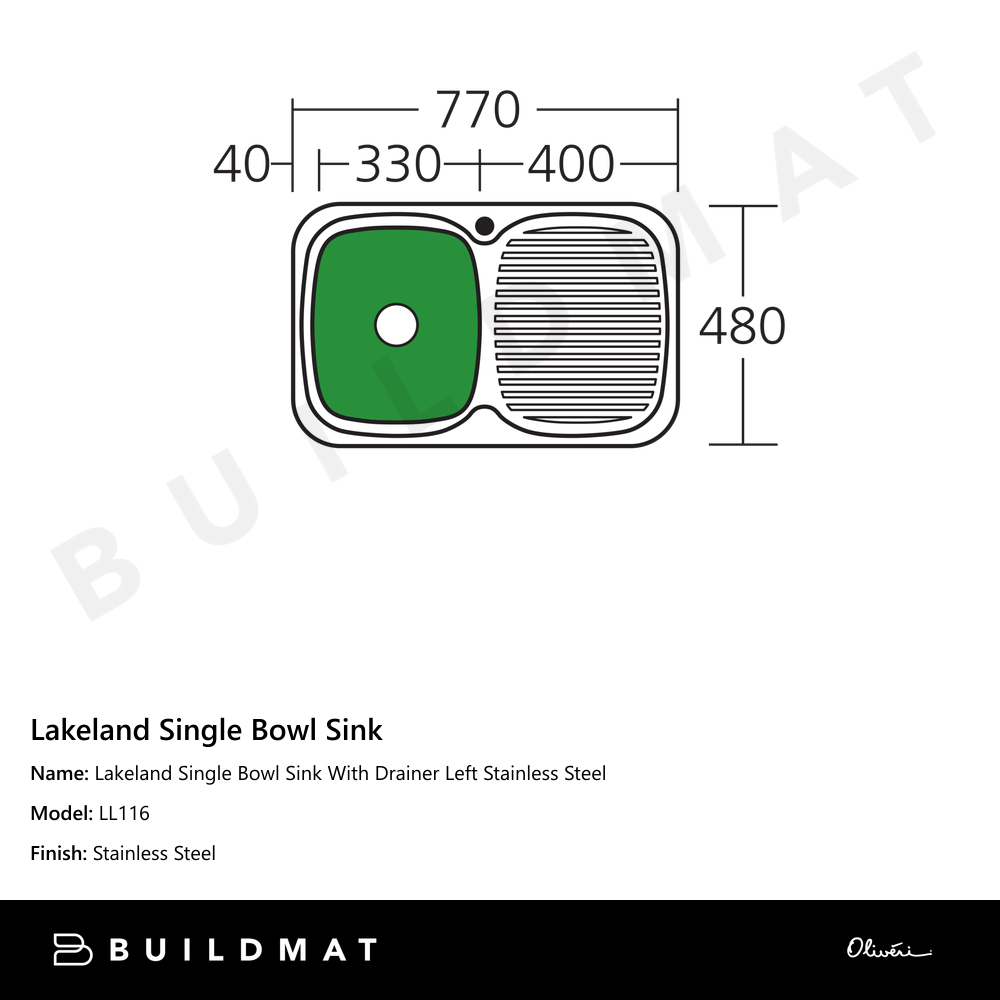 Lakeland Single Bowl Sink With Drainer Left Stainless Steel