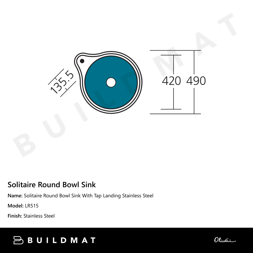 Solitaire Round Bowl Sink With Tap Landing Stainless Steel