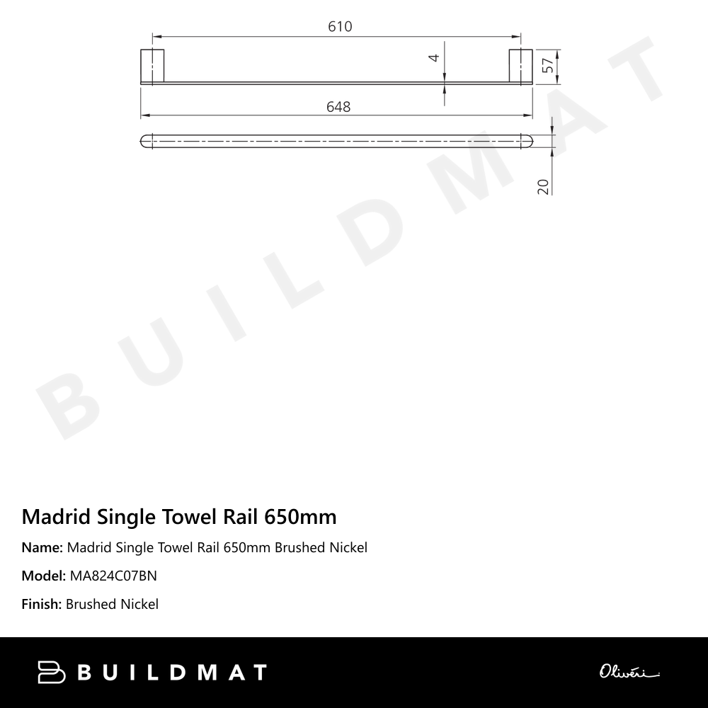 Madrid Single Towel Rail 650mm Brushed Nickel