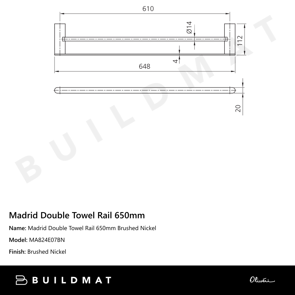 Madrid Double Towel Rail 650mm Brushed Nickel