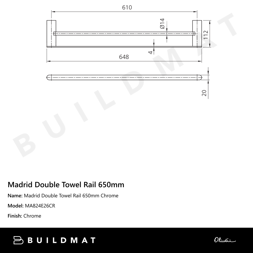 Madrid Double Towel Rail 650mm Chrome