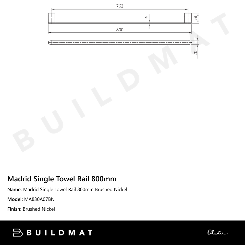 Madrid Single Towel Rail 800mm Brushed Nickel