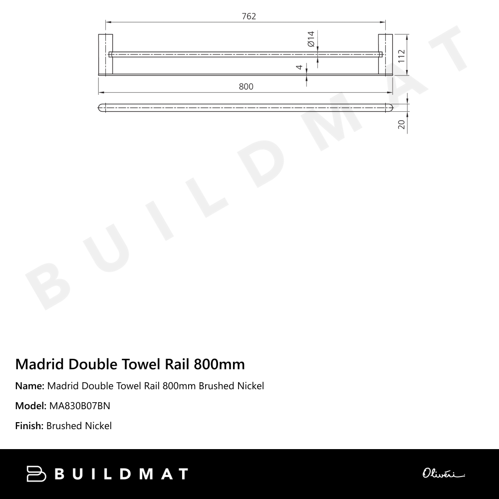 Madrid Double Towel Rail 800mm Brushed Nickel