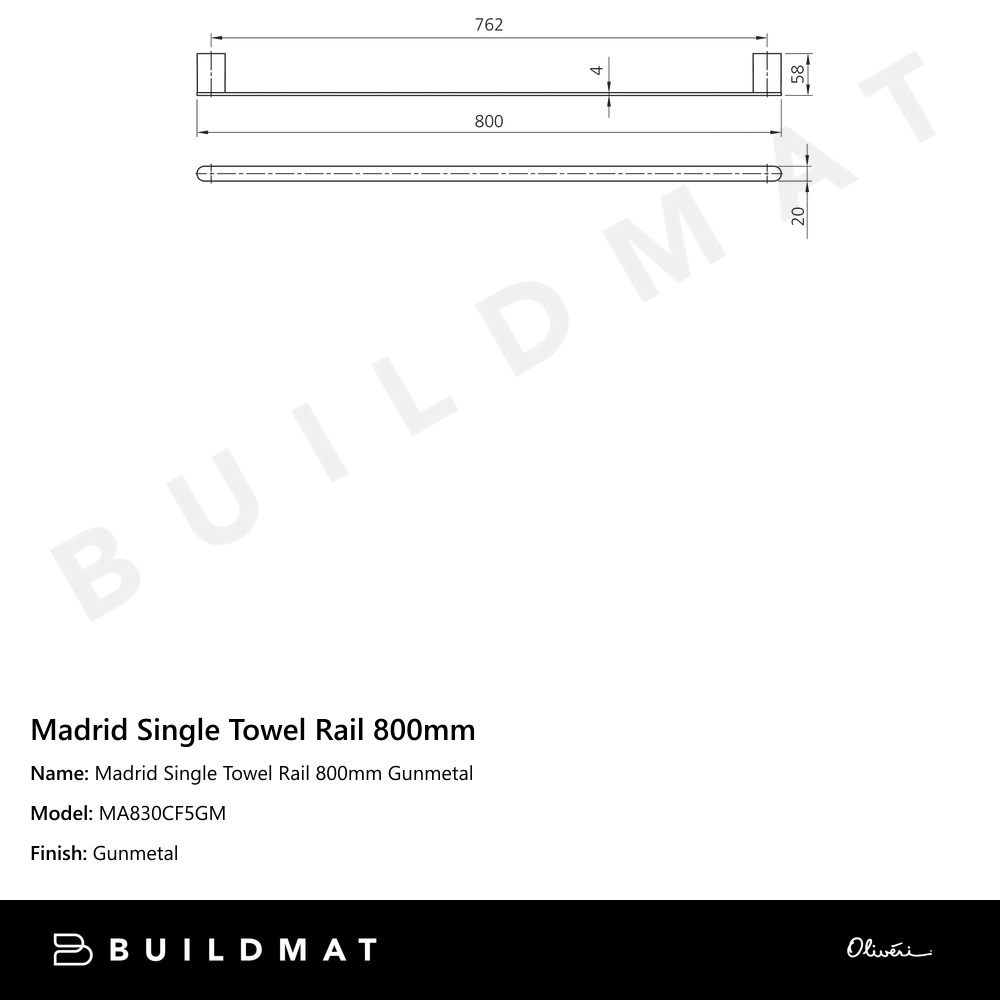 Madrid Single Towel Rail 800mm Gunmetal