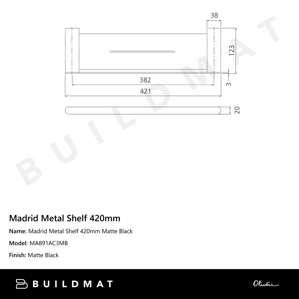 Madrid Metal Shelf 420mm Matte Black