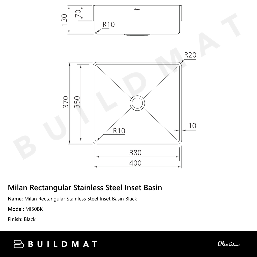 Milan Rectangular Stainless Steel Inset Basin Black