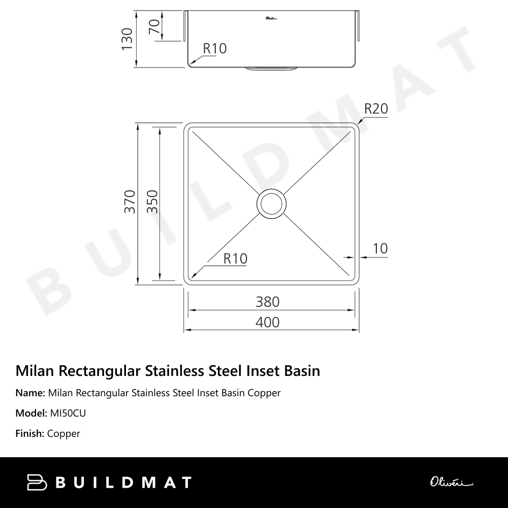 Milan Rectangular Stainless Steel Inset Basin Copper