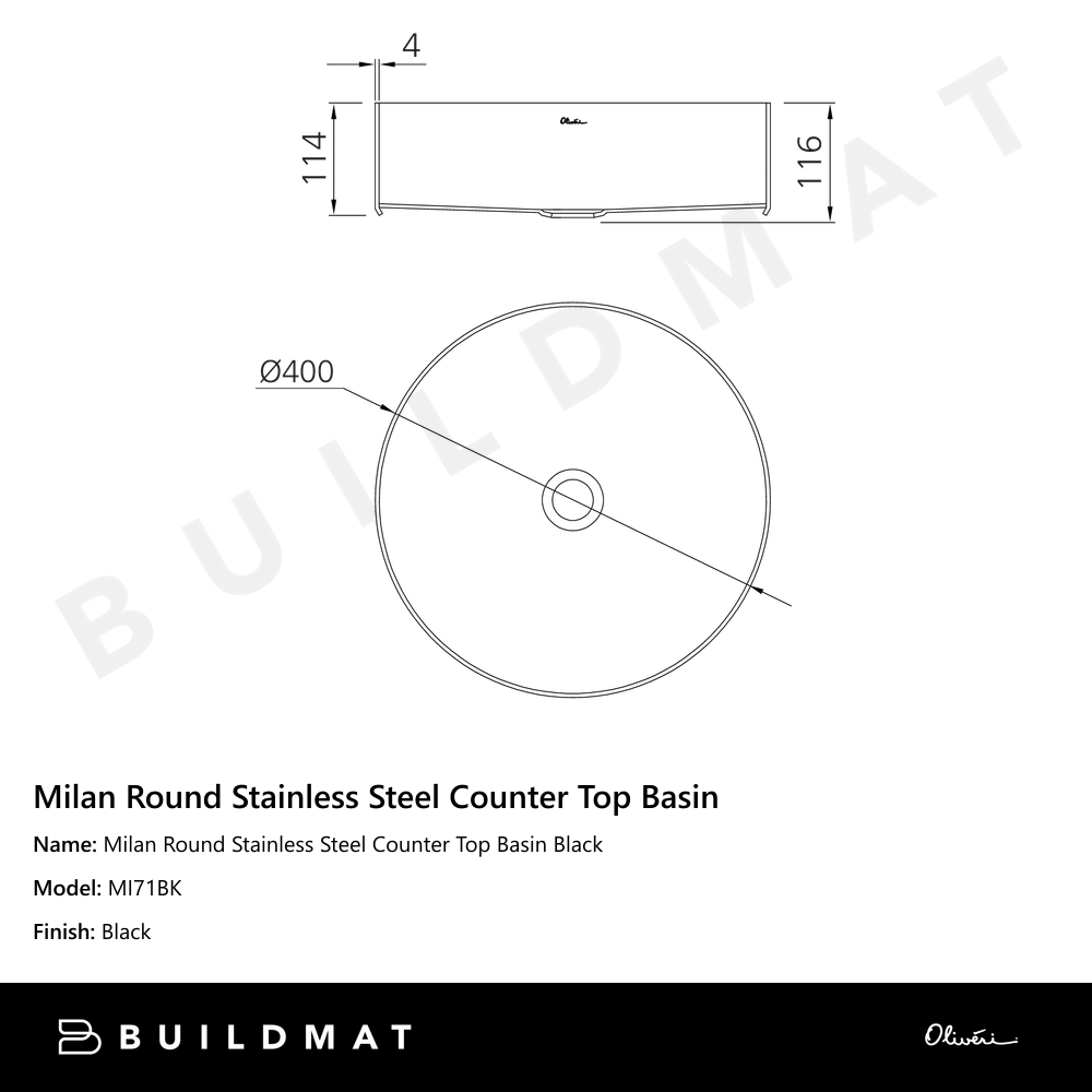 Milan Round Stainless Steel Counter Top Basin Black