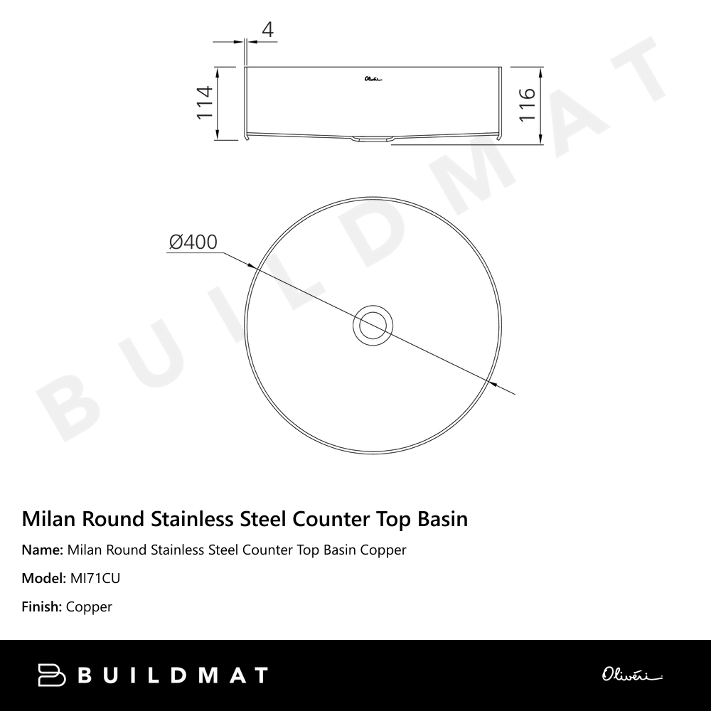 Milan Round Stainless Steel Counter Top Basin Copper