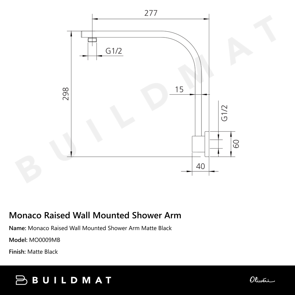 Monaco Raised Wall Mounted Shower Arm Matte Black