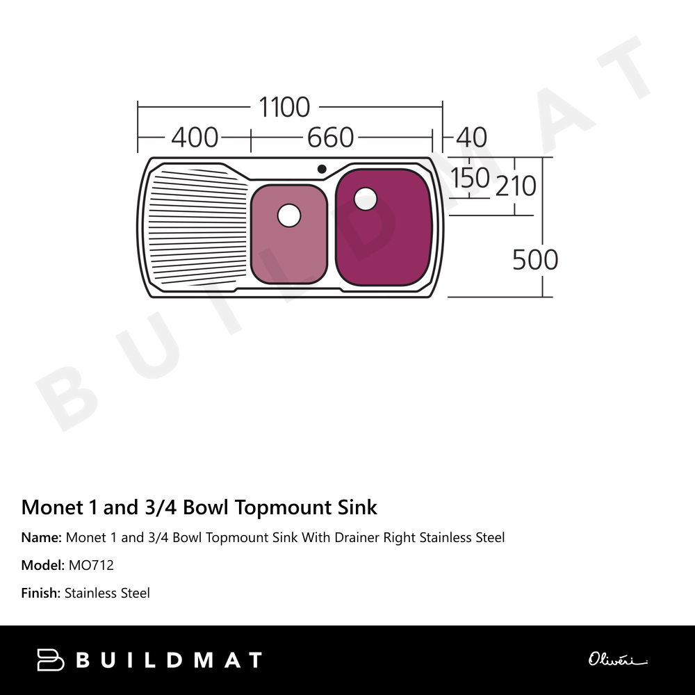 Monet 1 And 3/4 Bowl Topmount Sink With Drainer Right Stainless Steel