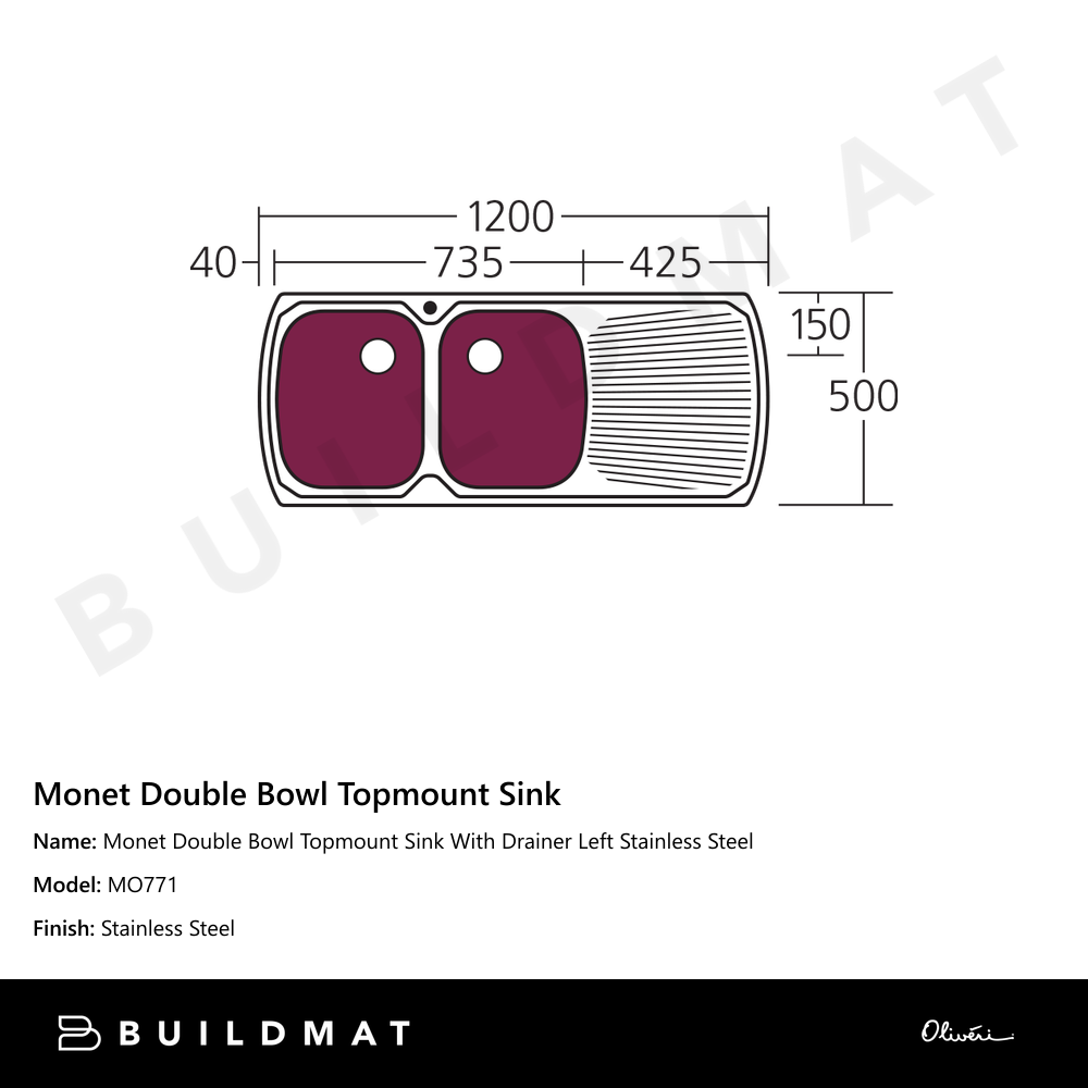 Monet Double Bowl Topmount Sink With Drainer Left Stainless Steel