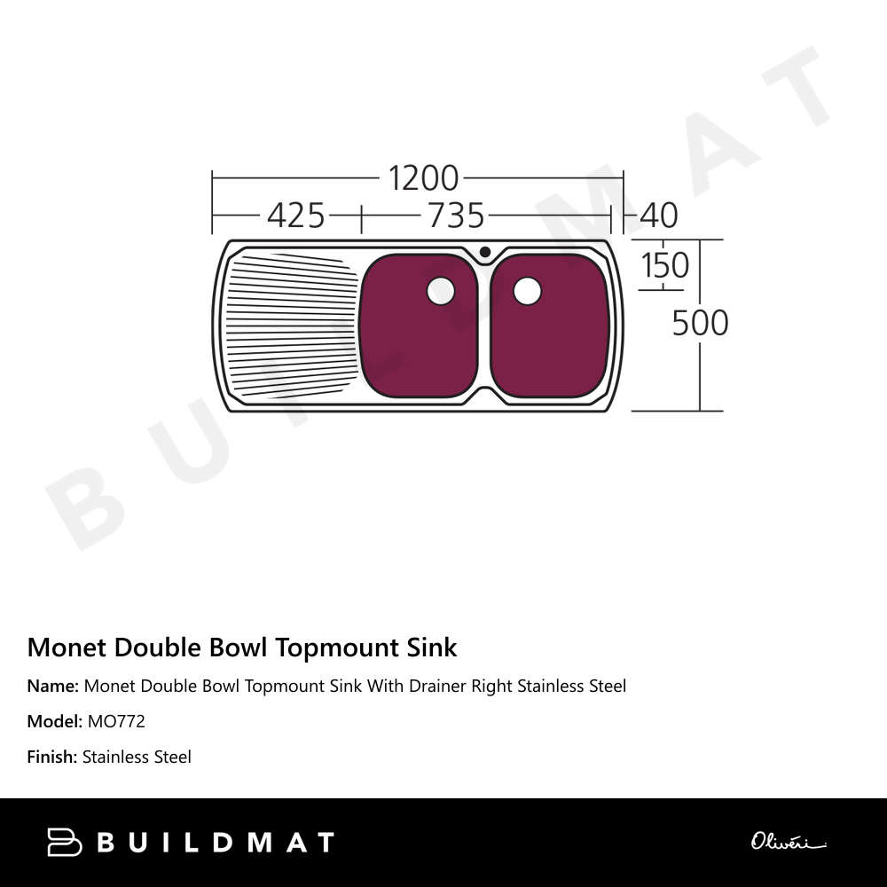 Monet Double Bowl Topmount Sink With Drainer Right Stainless Steel