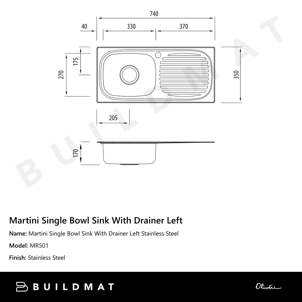 Martini Single Bowl Sink With Drainer Left Stainless Steel