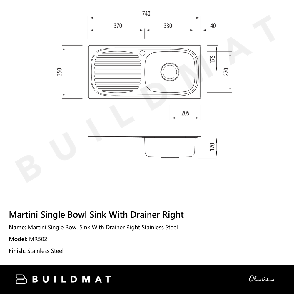 Martini Single Bowl Sink With Drainer Right Stainless Steel