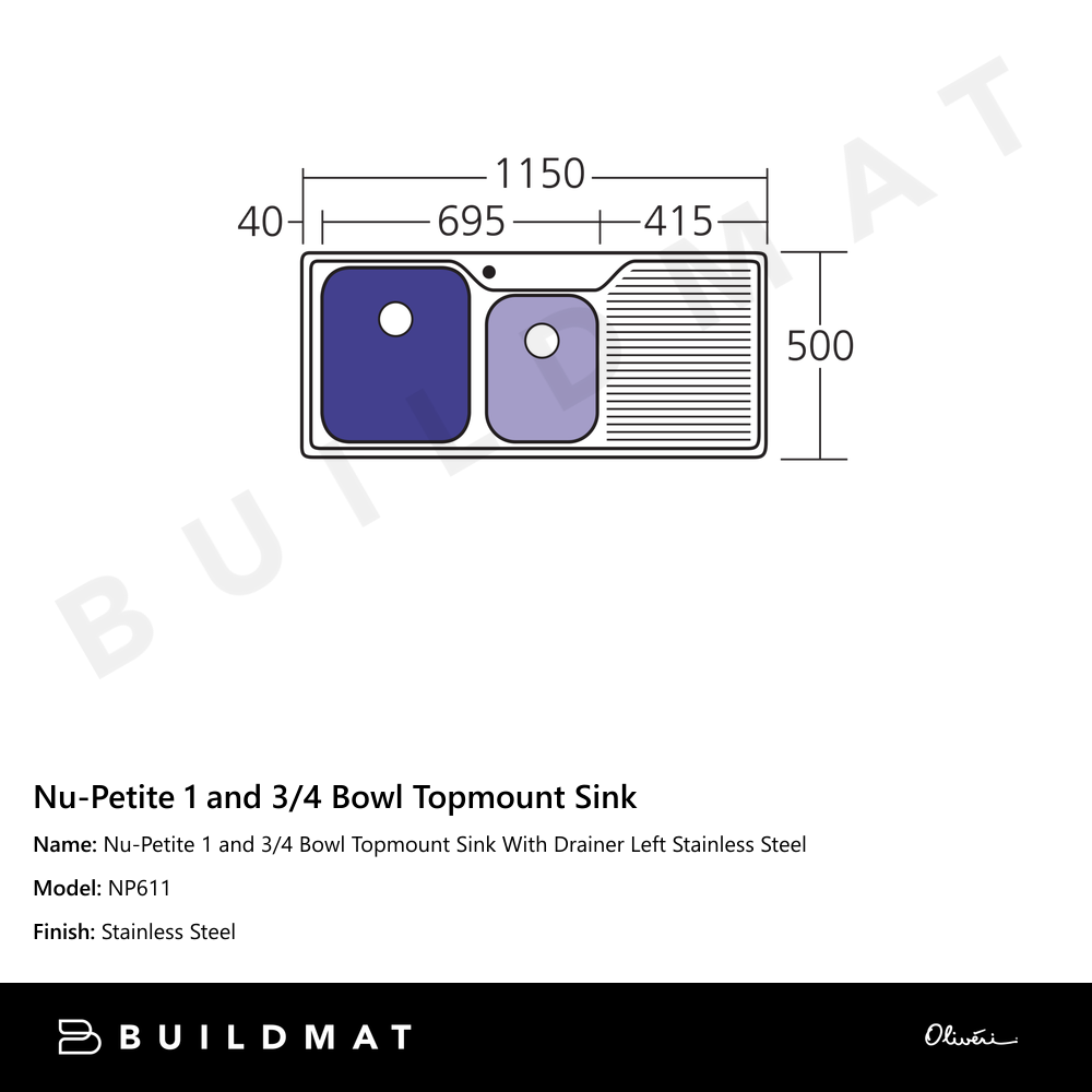 Nu-Petite 1 And 3/4 Bowl Topmount Sink With Drainer Left Stainless Steel