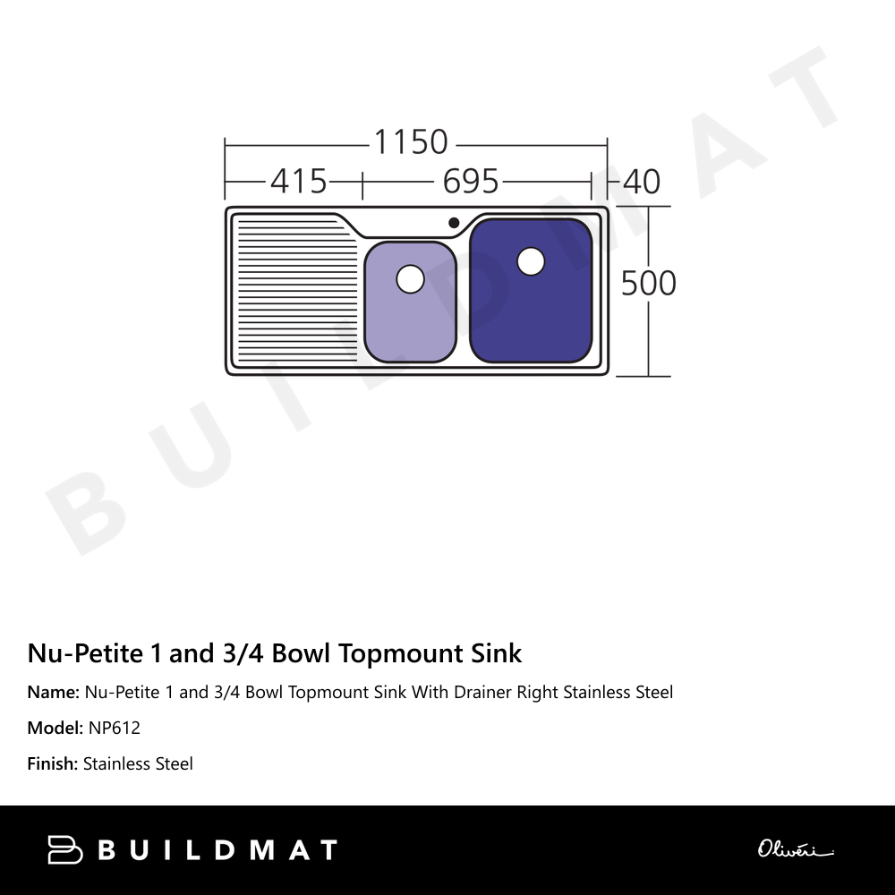 Nu-Petite 1 And 3/4 Bowl Topmount Sink With Drainer Right Stainless Steel