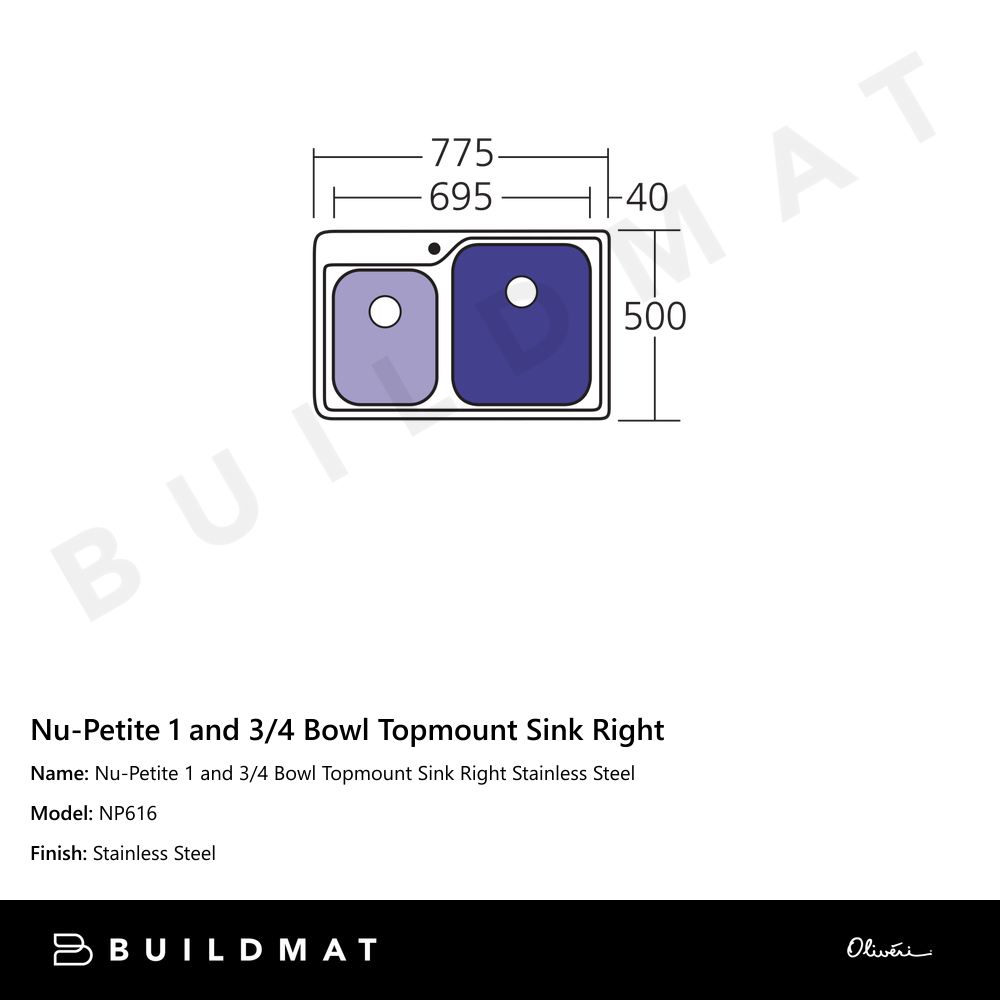 Nu-Petite 1 And 3/4 Bowl Topmount Sink Right Stainless Steel