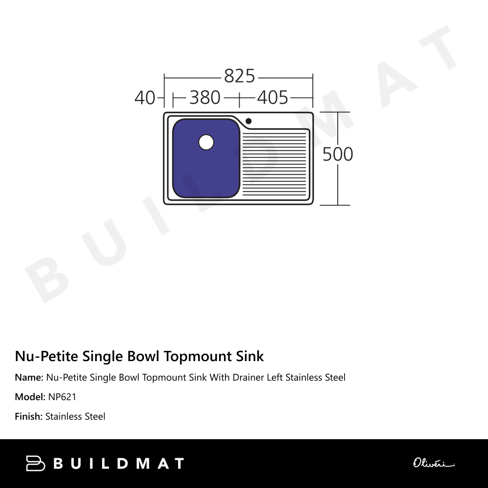 Nu-Petite Single Bowl Topmount Sink With Drainer Left Stainless Steel
