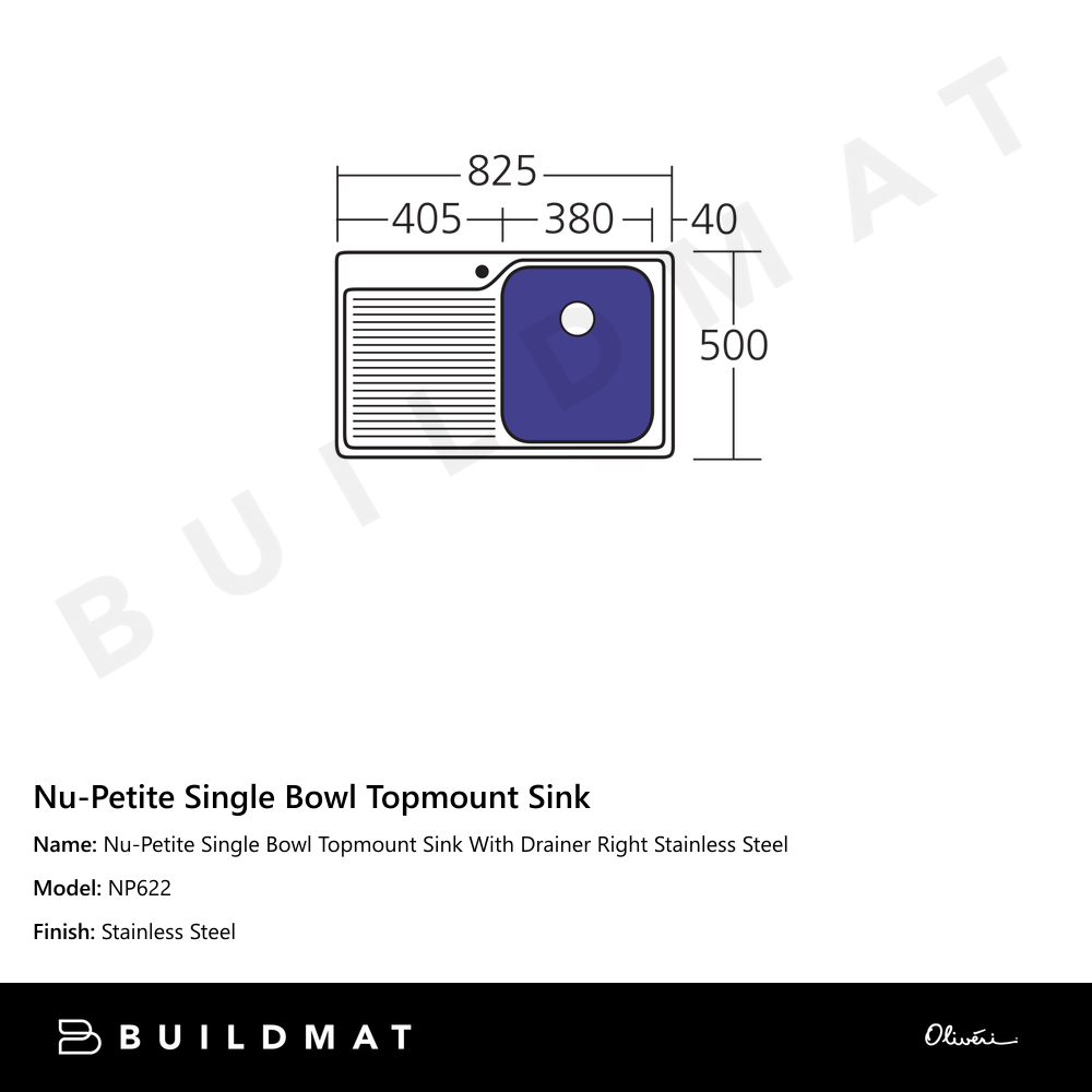 Nu-Petite Single Bowl Topmount Sink With Drainer Right Stainless Steel