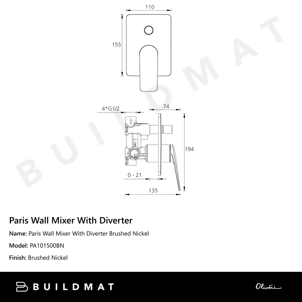 Paris Wall Mixer With Diverter Brushed Nickel