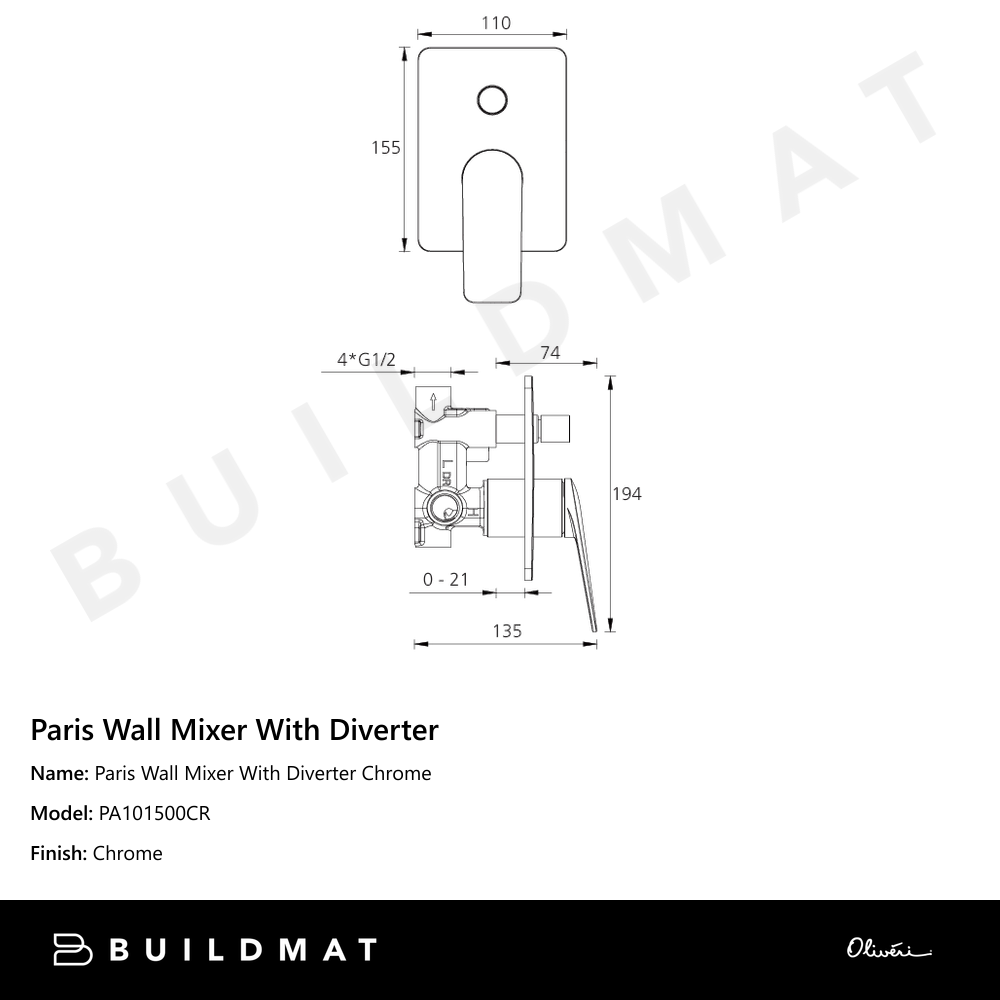 Paris Wall Mixer With Diverter Chrome