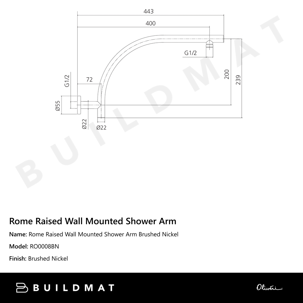 Rome Raised Wall Mounted Shower Arm Brushed Nickel