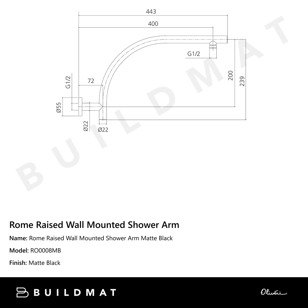 Rome Raised Wall Mounted Shower Arm Matte Black