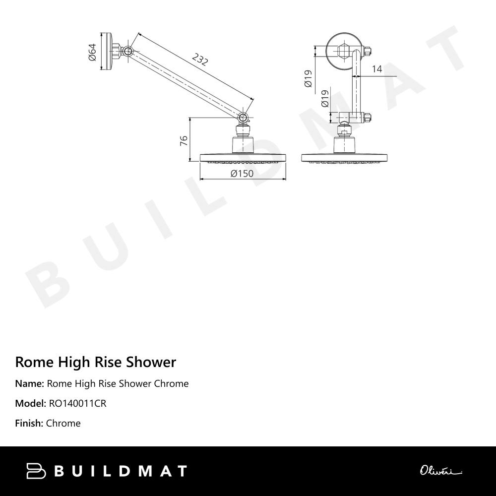 Rome High Rise Shower Chrome