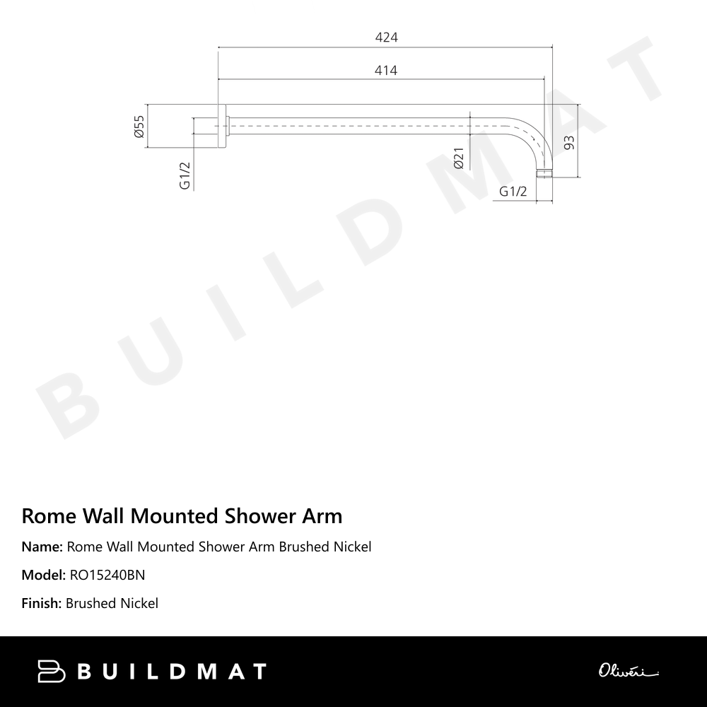 Rome Wall Mounted Shower Arm Brushed Nickel