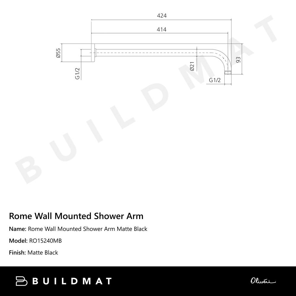 Rome Wall Mounted Shower Arm Matte Black