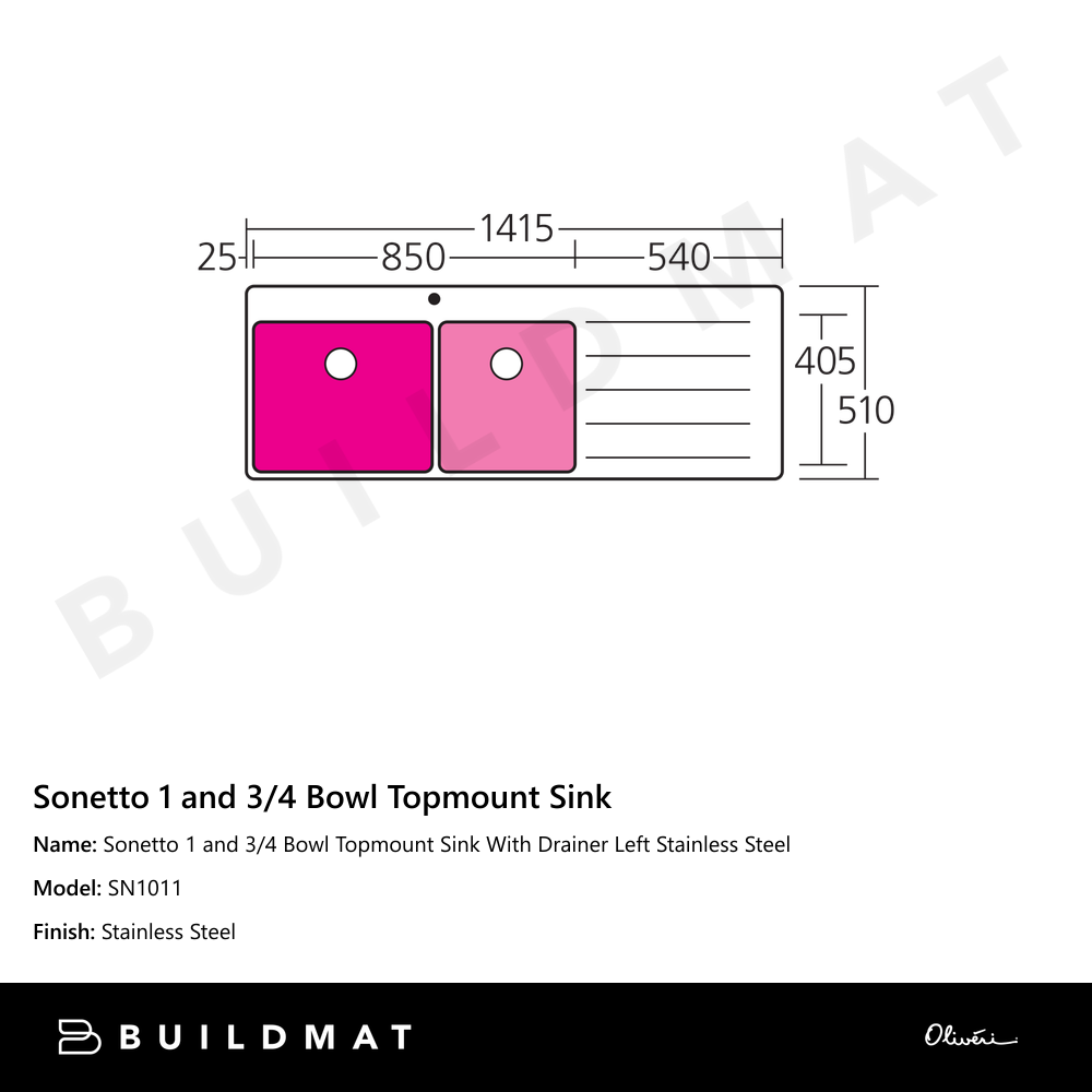 Sonetto 1 And 3/4 Bowl Topmount Sink With Drainer Left Stainless Steel