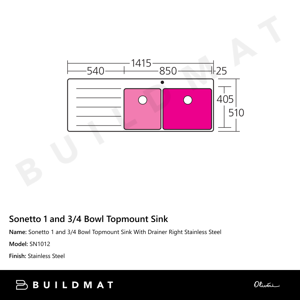 Sonetto 1 And 3/4 Bowl Topmount Sink With Drainer Right Stainless Steel