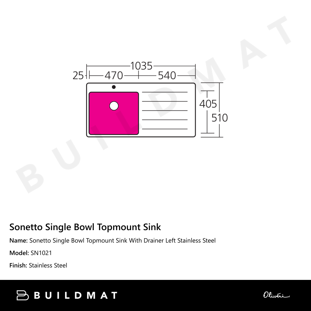 Sonetto Single Bowl Topmount Sink With Drainer Left Stainless Steel