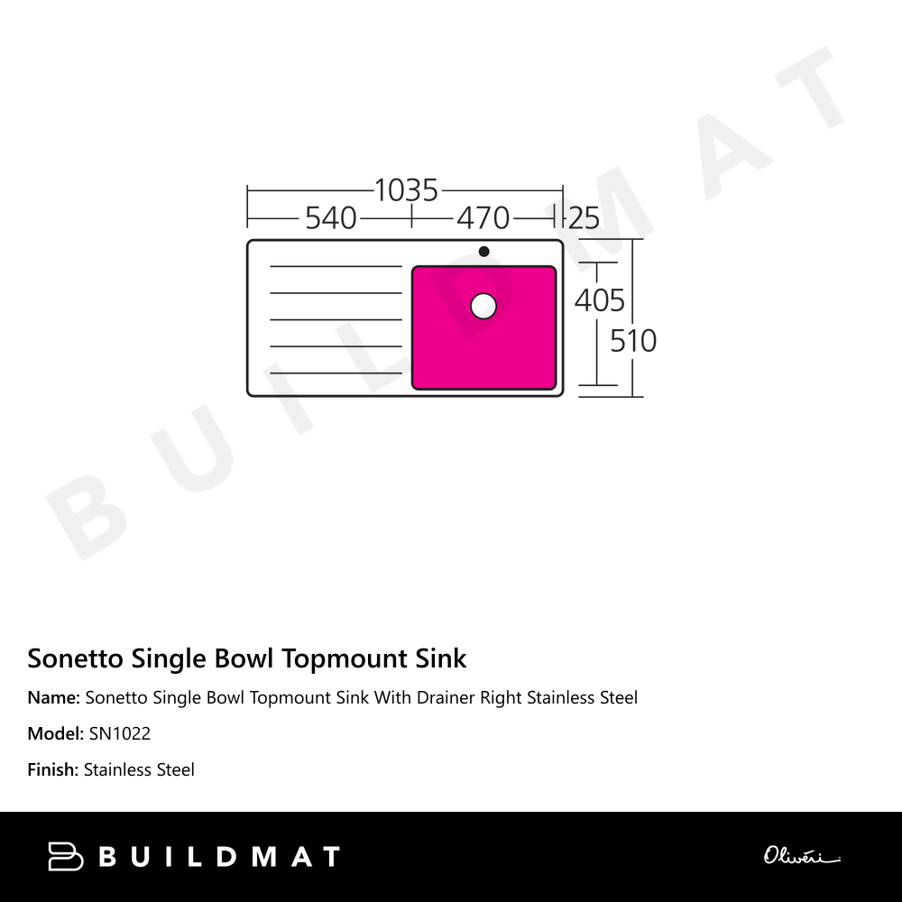 Sonetto Single Bowl Topmount Sink With Drainer Right Stainless Steel