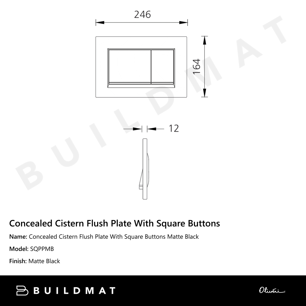 Concealed Cistern Flush Plate With Square Buttons Matte Black